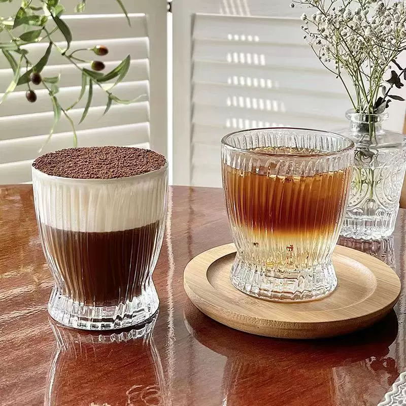 [ins韩国风小细腰竖条纹个性玻璃水杯牛奶咖啡杯洋酒杯家用饮料]
