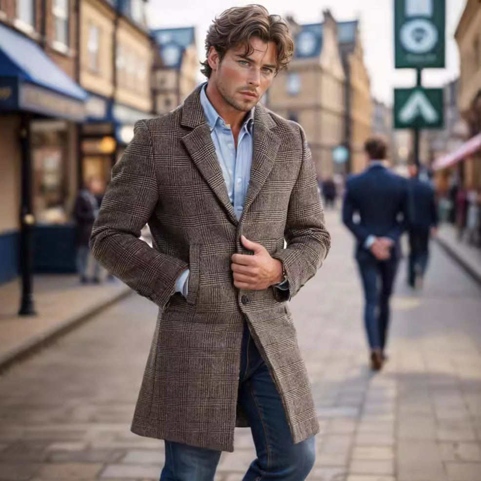 2024 autumn and winter European size thick cotton plaid woolen coat, medium to long windbreaker, slim fit top jacket_voghion.com