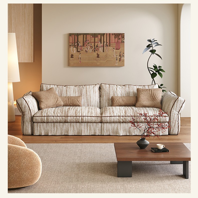 Removable and Washable Cotton and Linen Fabric Sofa Cream Mid-Century Style Living Room French Retro 2025 New Soufflé Sofa