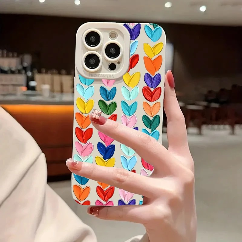 iPhone 15 Pro Max, Apple 14, 13, 12, 11 uyumlu renkli kalp desenli şık ve yaratıcı telefon kılıfı