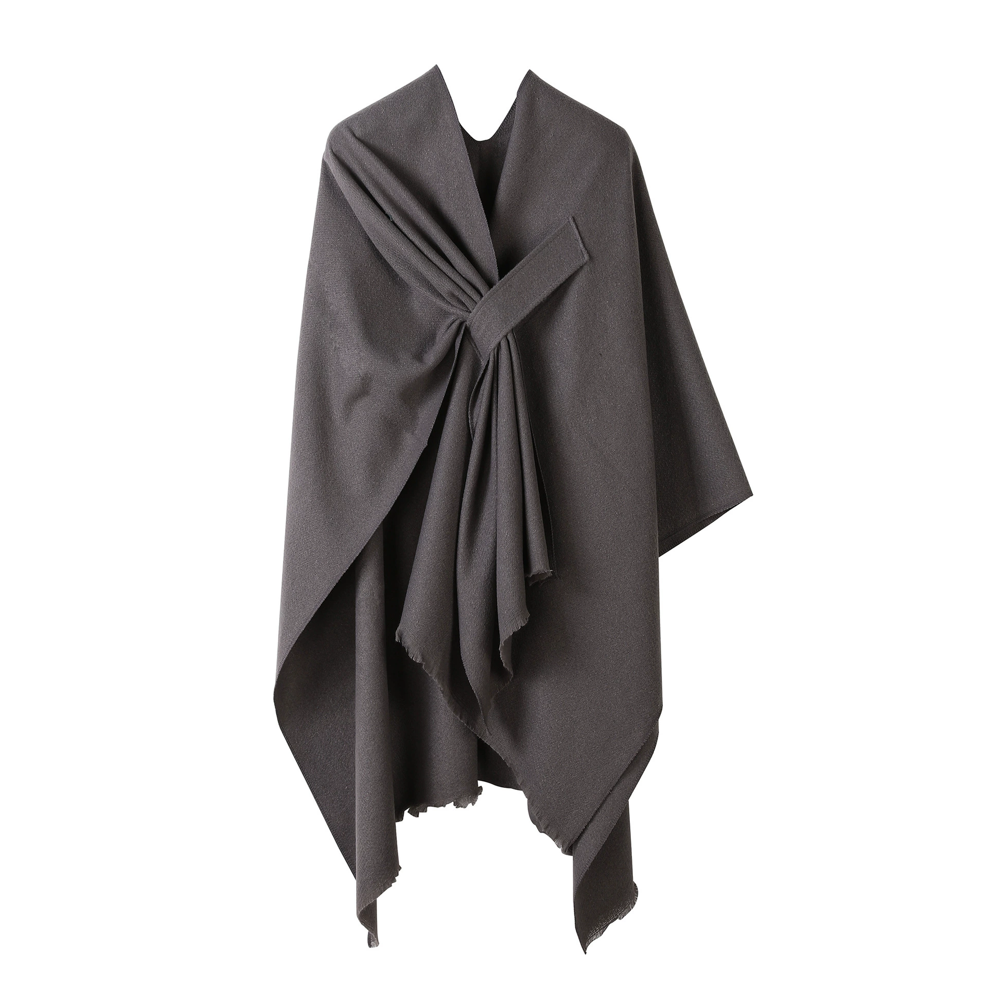 Европейские и американские модные боковые ремешки шаль вязание высокого уровня осенний и зимний плащ сплошной цвет простой теплый большой шарф женский трансграничный