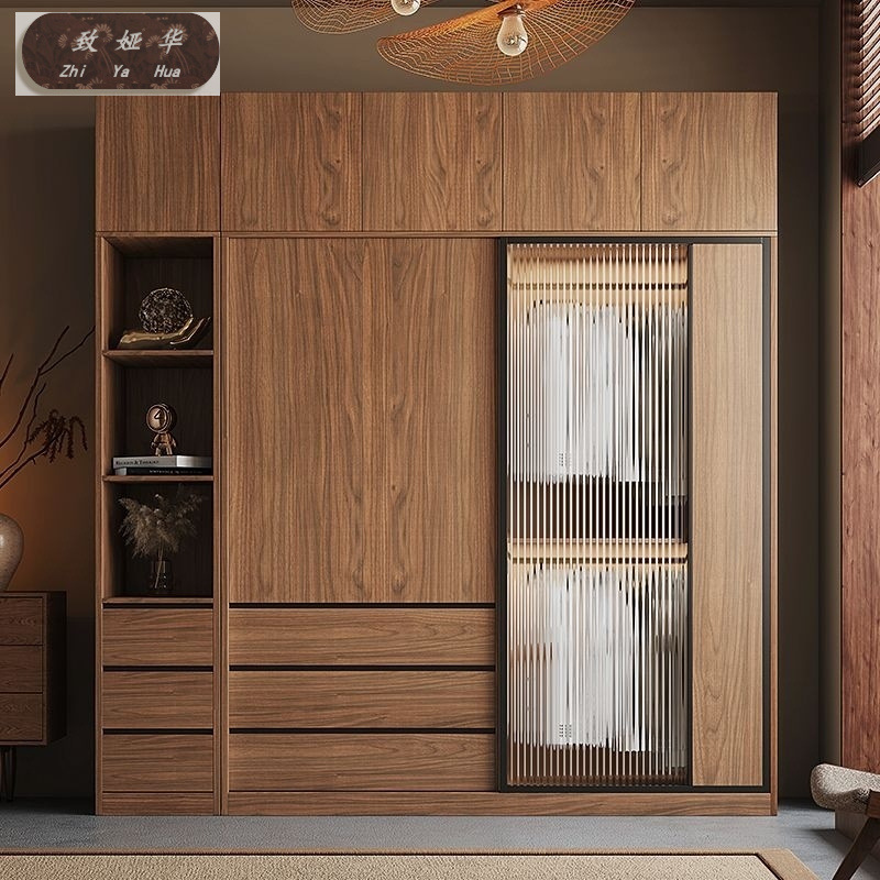 Solid Wood Finished Wardrobe Nordic Sliding Door Wardrobe Home Bedroom Small Apartment Combination Glass Sliding Cabinet Sliding Door
