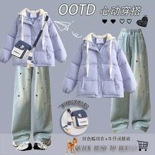 冬季学院风少女穿搭韩版宽松假两件加厚棉服外套+牛仔裤两件套潮