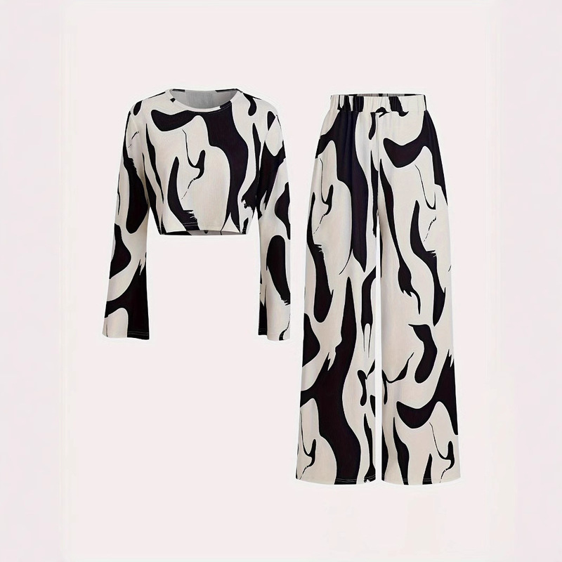 Cross-border Foreign Trade INS Full Printing Short Bell Sleeve Casual Girls Round Neck T-shirt Long Sleeve Straight Leg Pants suit