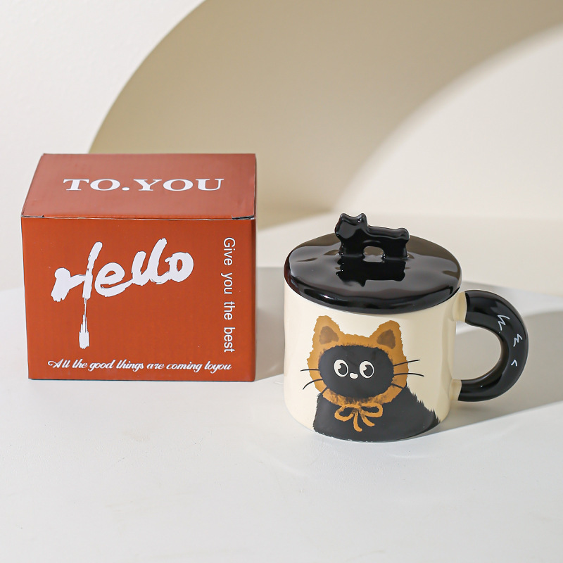 Cute gato gato taza de oficina taza de cerámica con taza de agua cubierta regalo pareja acompañante caja de regalo creativa de cumpleaños