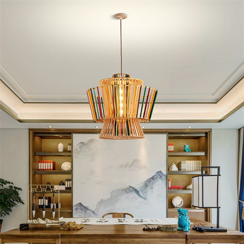 Bedroom Tea Room Hotel Homestay Dining Table LED Pendant Light New Chinese Creative Natural Solid Wood Restaurant Lamp Pleated Shade