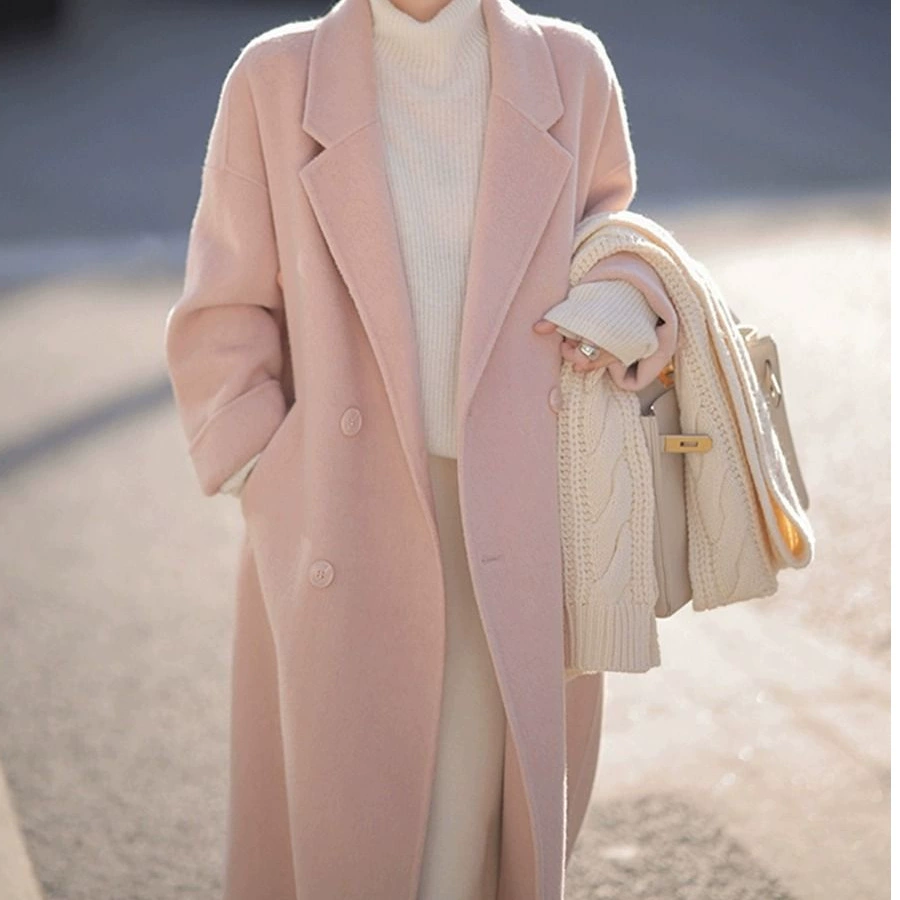 Розовая шерстяная верхняя одежда для женщин средней длины, осень-зима 2022, новый стиль, шерстяная верхняя одежда выше колена в корейском стиле для маленьких людей