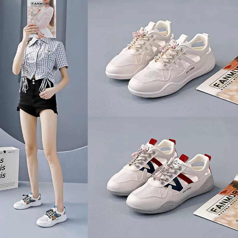 运动老爹凉鞋女2025夏季网鞋镂空透气小白鞋休闲罗马包头凉鞋101