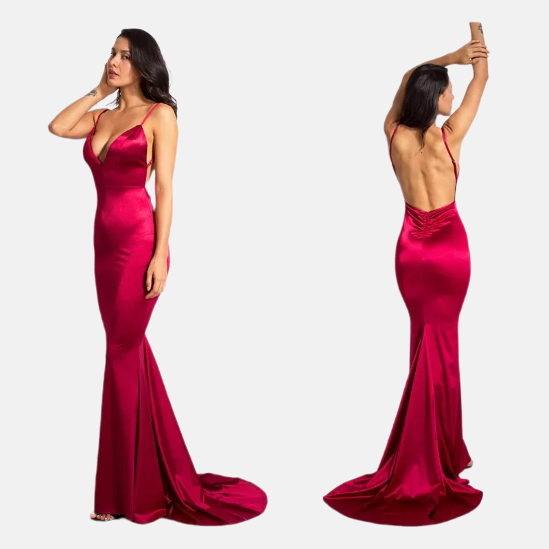Cross-border European and American New Backless Satin Evening Dress Sling V-neck Trailing Large Swing Prom Party Dress