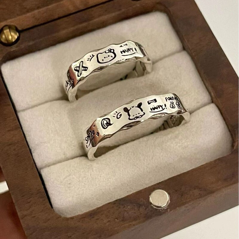 Niche design versatile minimalist graffiti wavy edge exquisite fashion temperament Pacha dog couple ring versatile