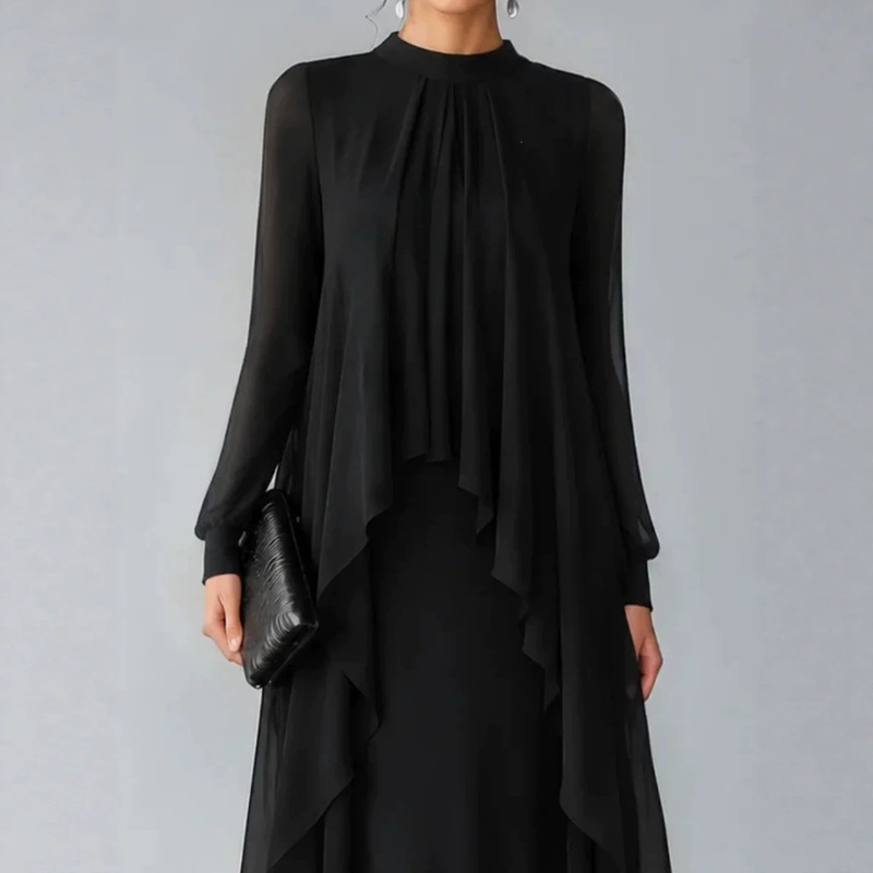 High-End Feel Stand-Collar Pleated Chiffon Long Dress, Long-Sleeve Sheer Ruffle Fake Two-Piece Gown, Export Long-Sleeve Dress High-End Feel Stand-Collar Pleated Chiffon Long Dress, Long-Sleeve Sheer Ruffle Fake Two-Piece Gown, Export Long-Sleeve Dress