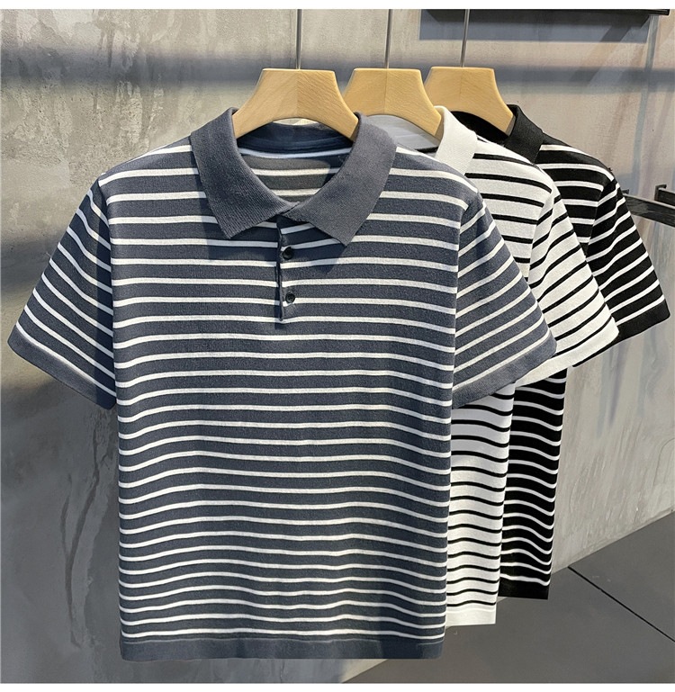 Men's Slim Fit Polo Shirt Striped Short Sleeve Ice Silk T-Shirt Business Casual Lapel Summer Top POLO Clothing_viptrois.com