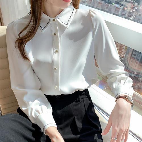 White blouse women's basic top with design sense, niche innerwear for spring 2025, chiffon long-sleeved top shirt