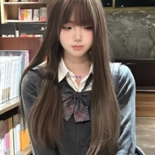 程铭假发女长发冷棕色长直发自然小圆不圆平替校园网红全头套式