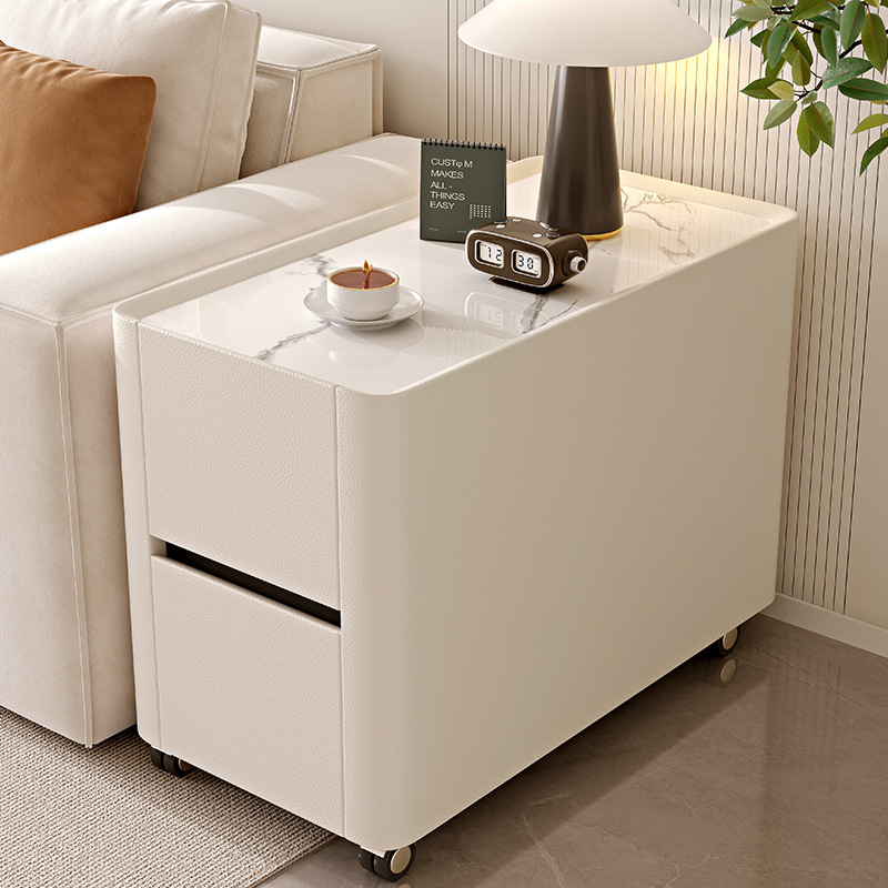 Modern Minimalist Sofa Side Table Side Cabinet Light Luxury High-End Living Room Leather Slate Side Table Coffee Table Storage Cabinet