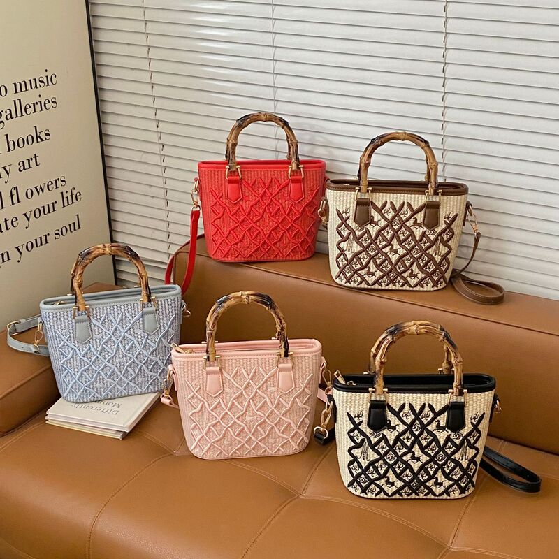 Light Luxury Quilted Embroidered Handbag Bucket Bag with Contrasting Colors and Bamboo Handle, Versatile Daily Crossbody Bag, Stylish Fashion Basket Bag
