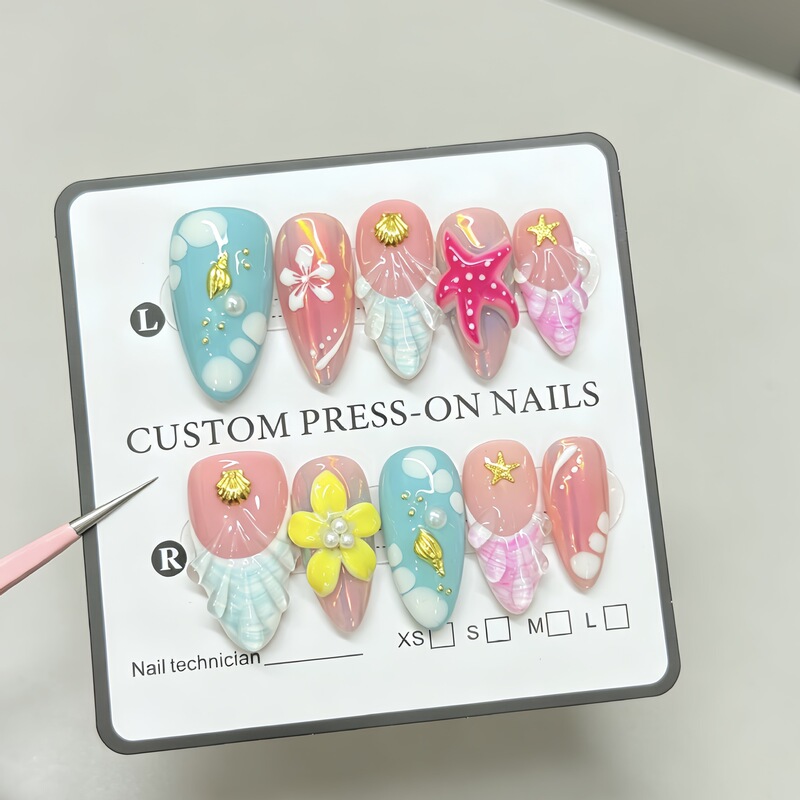 Cross-Border Red Starfish Pure Handmade Wearable Nails Ocean Style Almond Design Holiday Style Carved Pure Hand-Painted Nail Stickers
