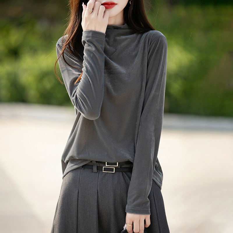 2025 spring and summer new gold velvet pile collar sweater long sleeve solid color loose pullover base shirt top women