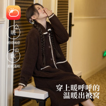 冬天加厚羊羔绒女睡袍长款日系翻领法兰绒保暖睡裙可外穿居家睡衣