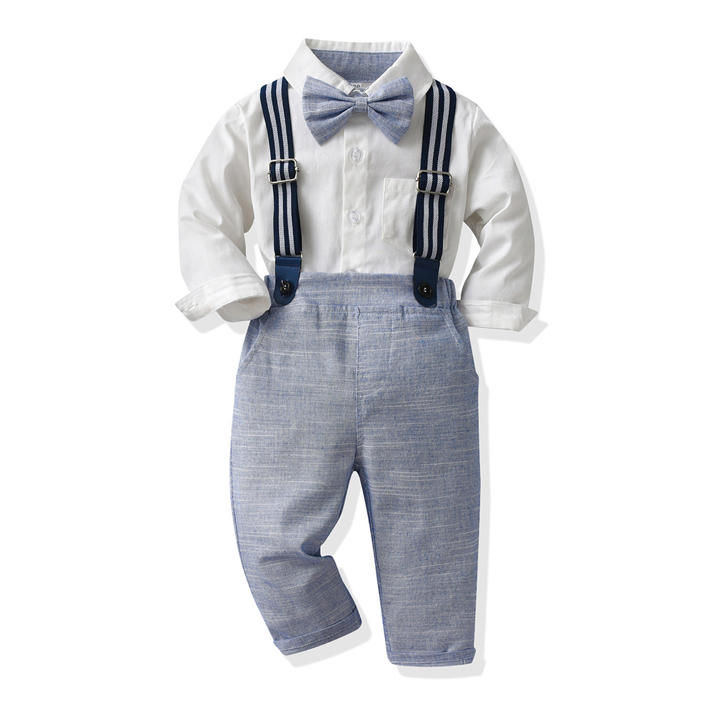 Versión coreana del traje de pajarita con correa para niños, cárdigan de algodón de manga larga de color sólido, estilo de otoño para hombres y bebés, nuevo traje de dos piezas al por mayor