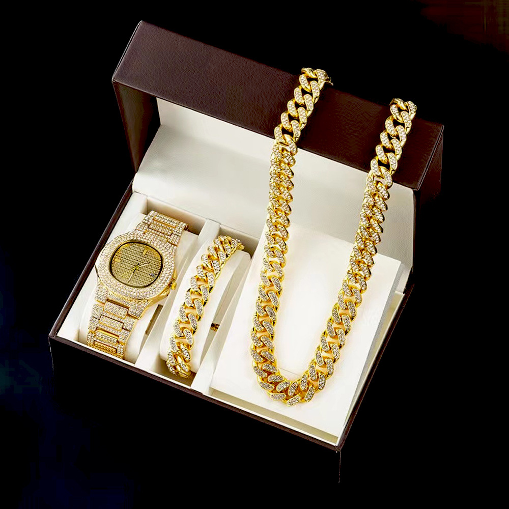 Cuban Chain Watch Bracelet Three piece Jewelry Personalized Fashion Set Hip Hop Full Diamond Necklace_voghion.com