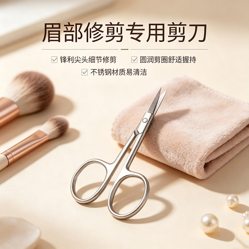 Cross-Border Stainless Steel Beauty Scissors, Thickened Eyebrow Trimming Scissors, Pointed Double Eyelid Scissors, Eyelash Scissors, Beauty Scissors for Beard and Nose Hair