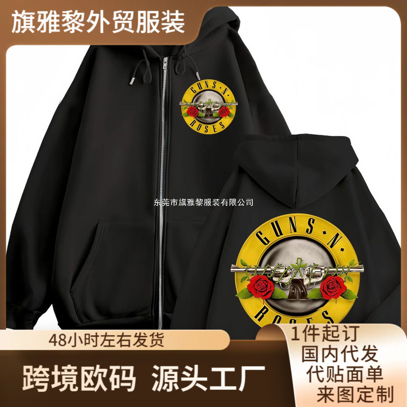 Guns N Roses Logo Graphic Zip Hoodie Hot Album Merch Zip Sweatshirts Men and Women