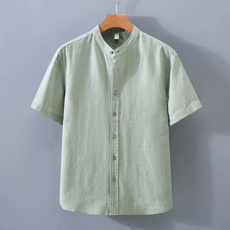 1521 Linen Short-Sleeved Shirt for Men, Summer Chinese Style Linen Casual Shirt, Pure Color Thin Small Stand-Up Collar Top