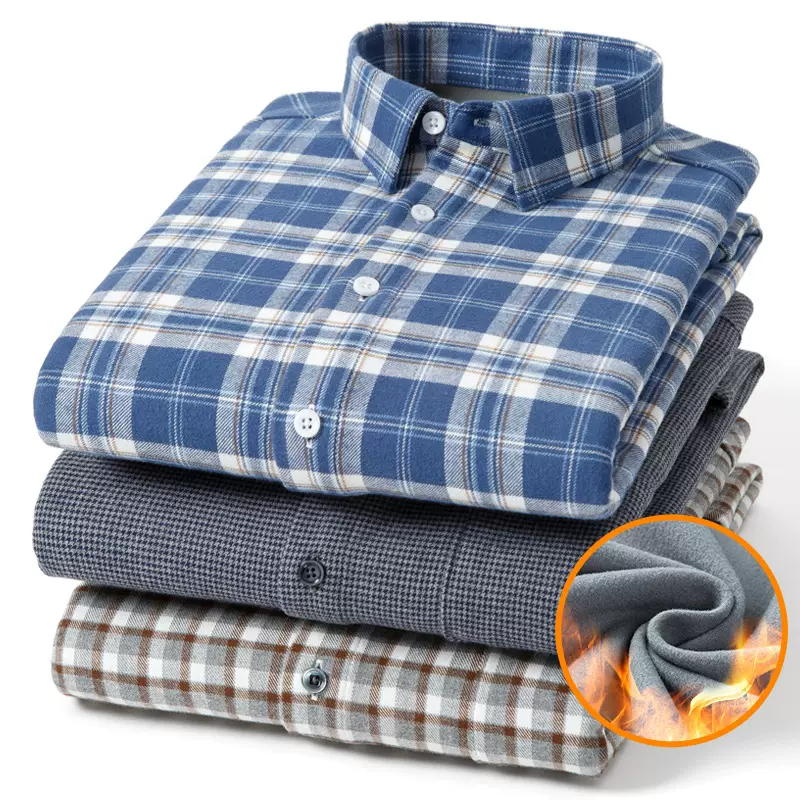 冬季男士保暖衬衫加绒加厚纯棉格子衬衣长袖高档中老年爸爸装批发