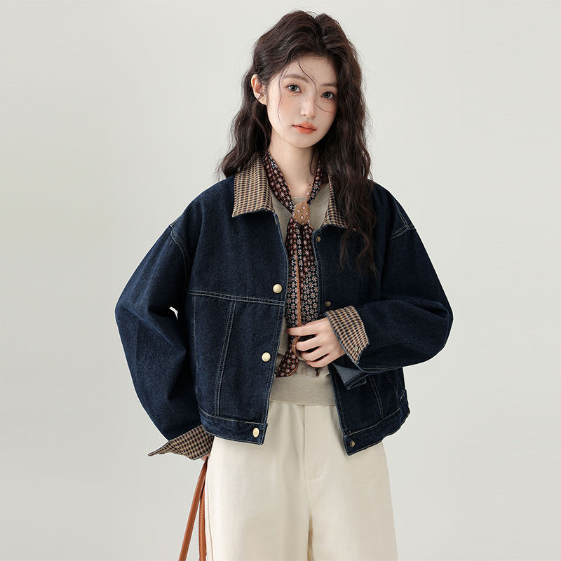 春秋新款港风翻领格子拼接牛仔短外套女小个子夹克上衣|undefined
