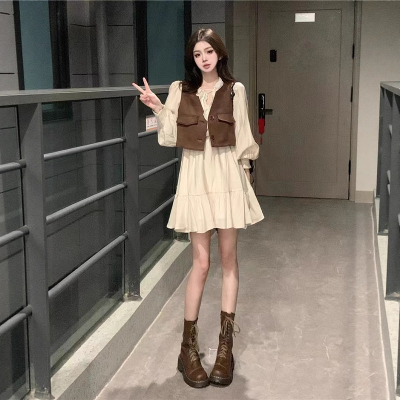 甜辣妹套装小个子收腰连衣裙短裙女装夏季短款无袖背心马甲两件套|undefined