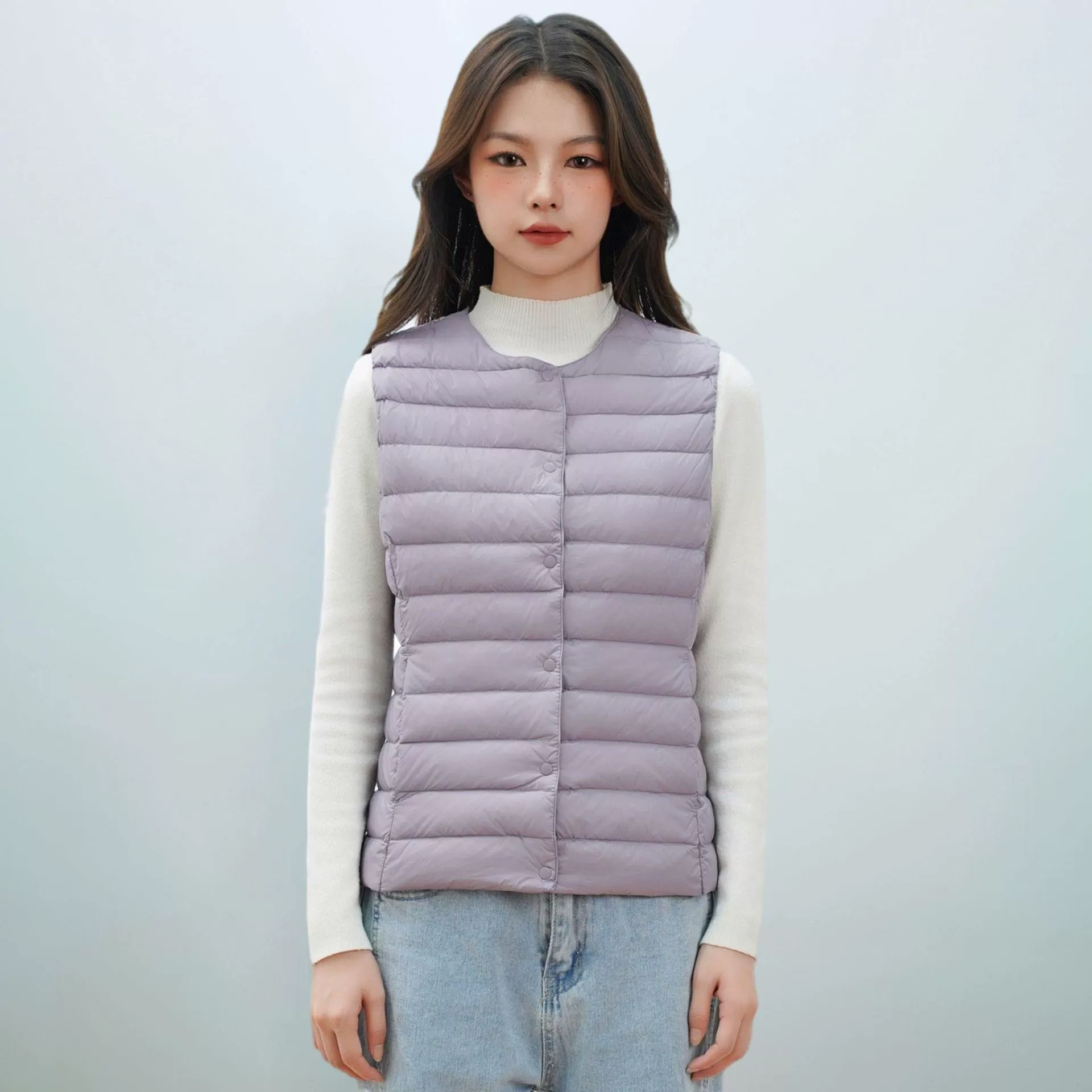 Velvet down jacket with a round collar, vest with down, city style, V-neckline