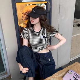 现货RL高品质凯蒂套装送kt猫立体玩偶百搭条纹短袖T恤+长裤套装