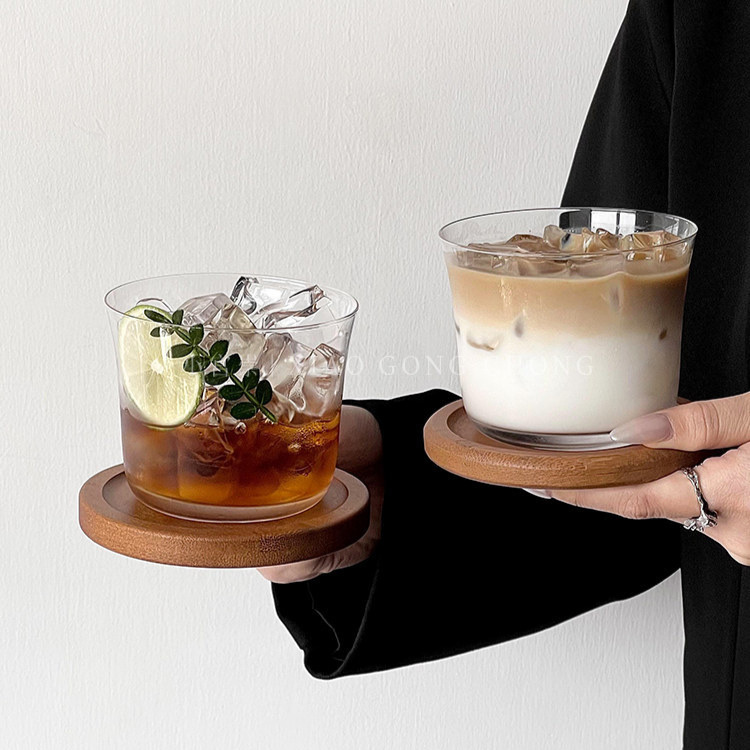 Ins-Style Transparent Glass Cup for Iced American Latte, Home-Use Cup with Coaster, Cold Brew Cup, Juice Cup, Beverage Cup, Water Cup