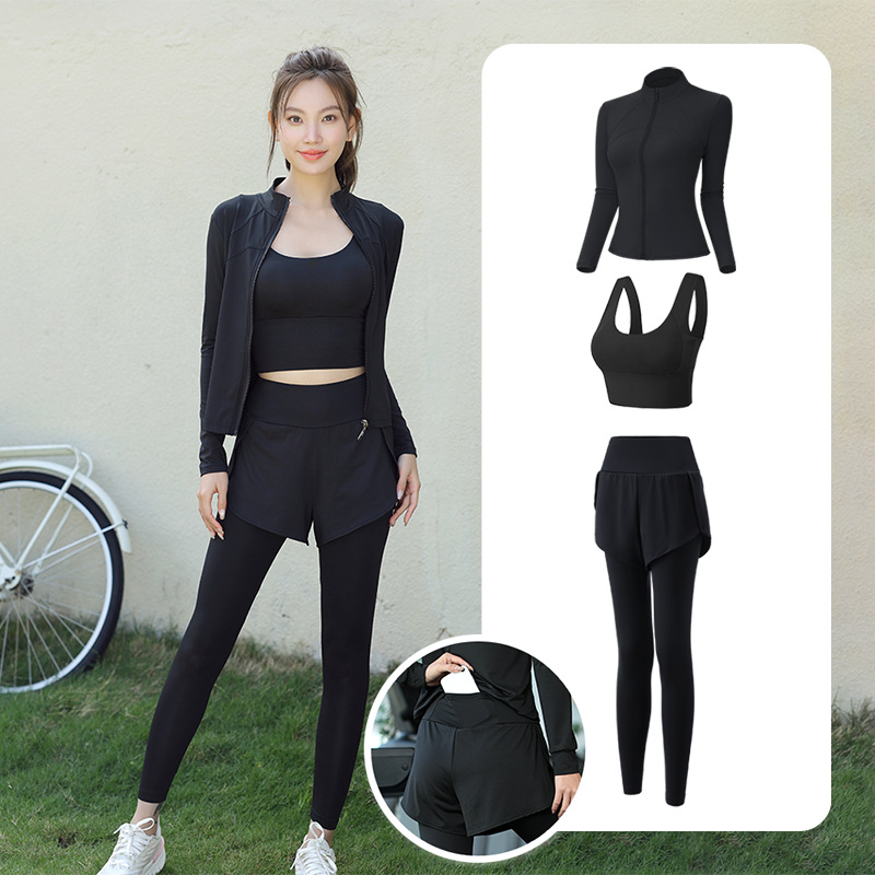 Trajes de yoga para mujeres de verano para correr ropa deportiva suelta rápida ropa seca bolsillo para correr trajes de mujeres de la mañana para correr comercio exterior
