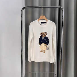 可扫码/高品质RL拉夫小熊图案全棉麻花圆领长袖针织毛衣女批发