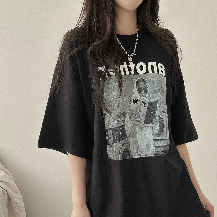 100% cotton high quality T-shirt women's short sleeve summer half sleeve black pattern Japanese loose niche oversize