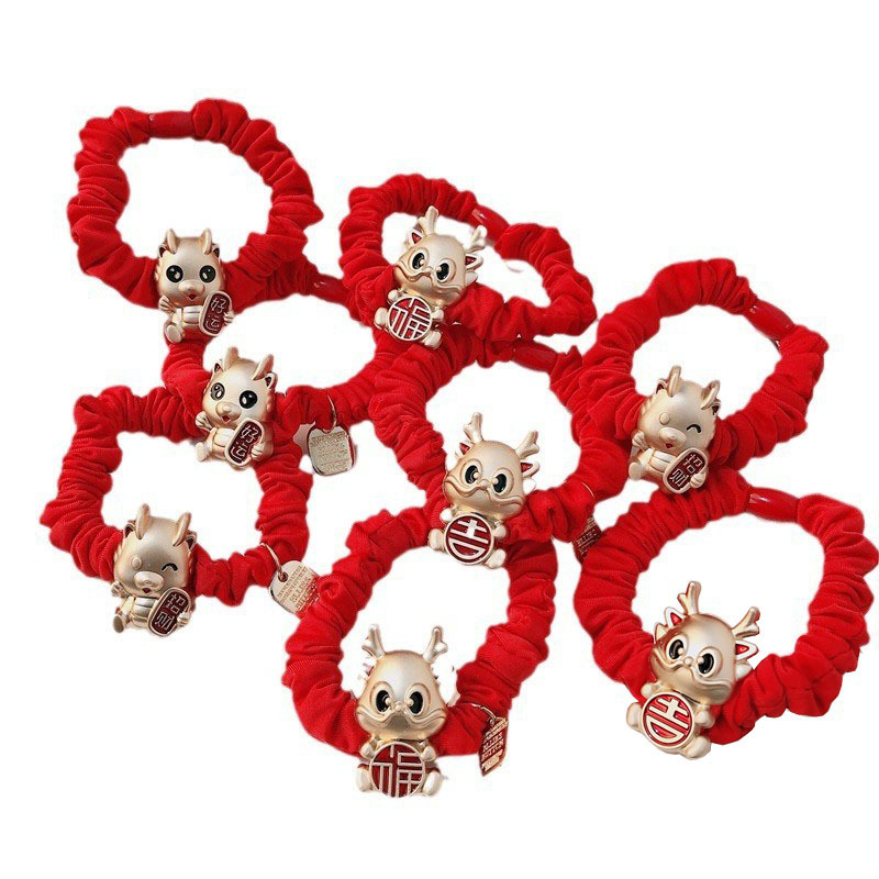 Año del Dragón Zodiaco de alta sensación metal rojo Año Nuevo anillo de cabello de alta altura cuerda elástica cuerda de cabello festiva adornos para el cabello
