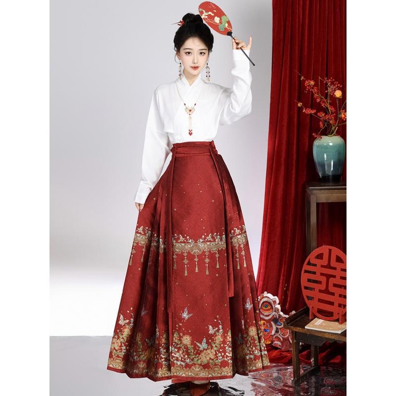 Hanfu women's new Chinese-style floral embroidered horse-face skirt with Chinese-style slimming airplane sleeves for daily commuting