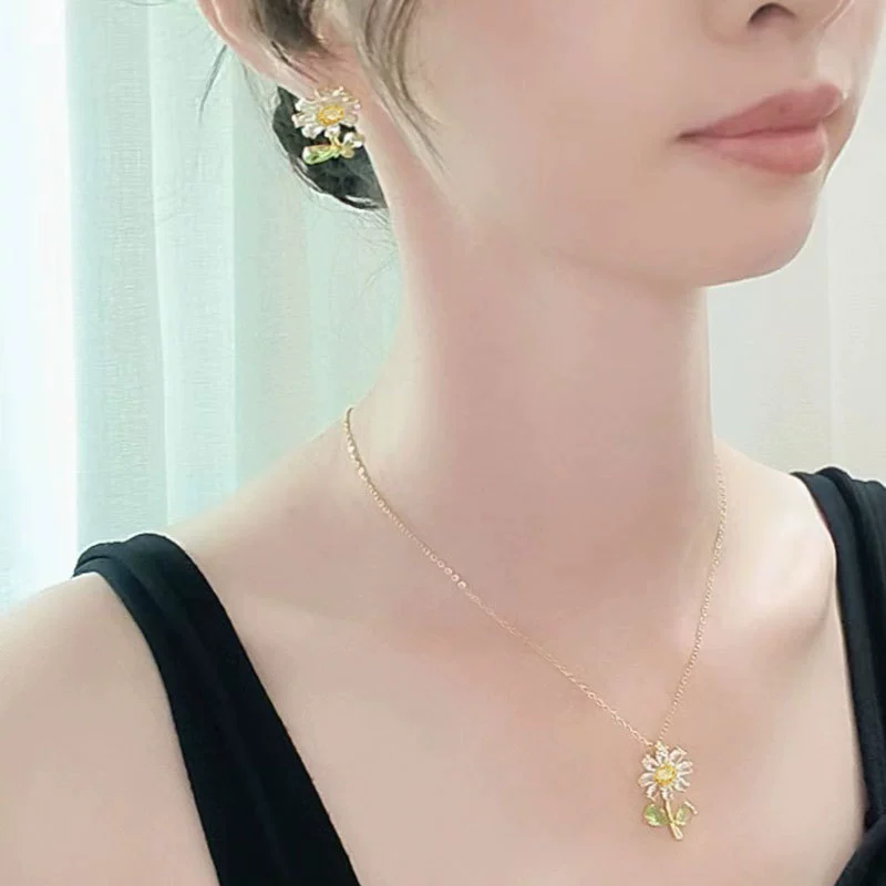 Earrings, necklace, small brand zirconium, set, diamond encrusted, flowered, light luxury style, internet celebrity