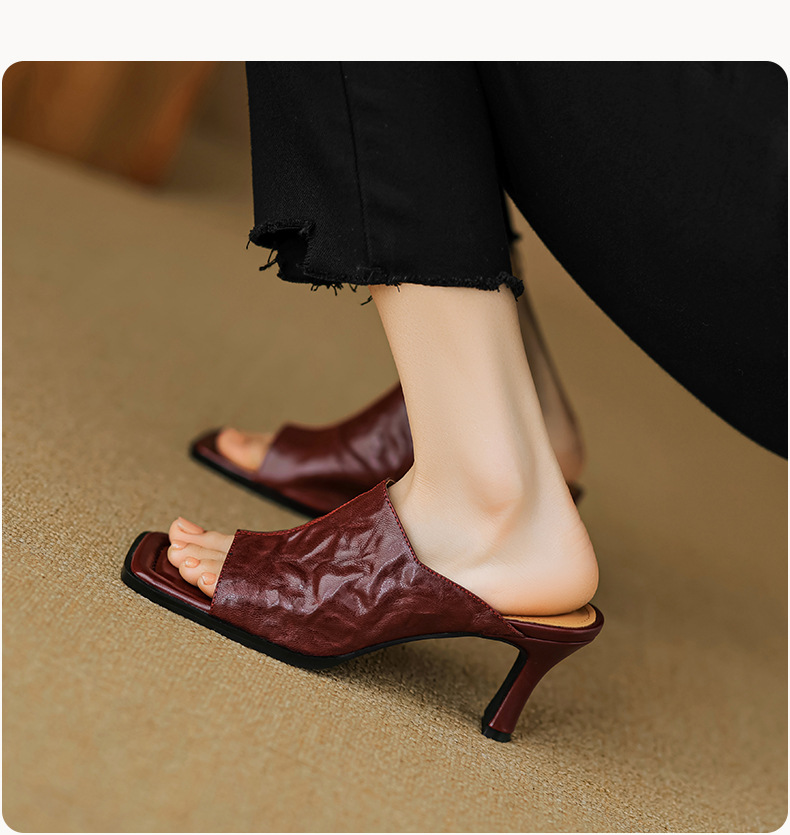 Sandal cao gót nữ hở mũi quai ngang da dê gót 7 cm kiểu Hàn Quốc — đen chi tiết 6