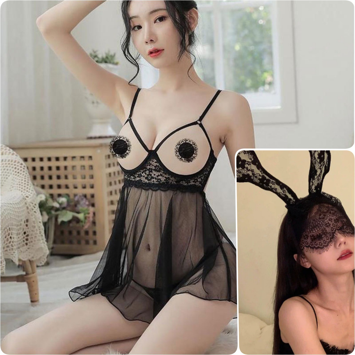 언더와이어 블랙 나이트가운 + 토끼귀, 프리팬츠