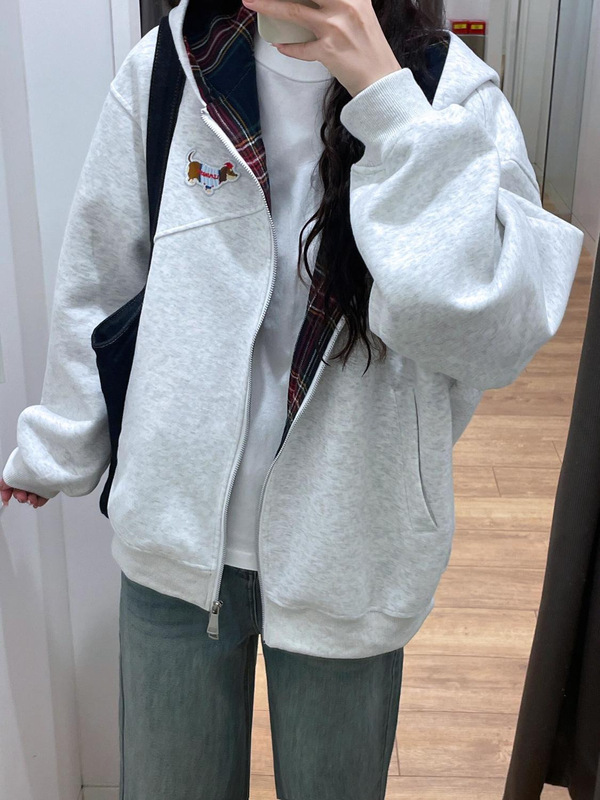 美式复古格子连帽卫衣女春秋季2025新款百搭小个子韩系慵懒风外套|undefined