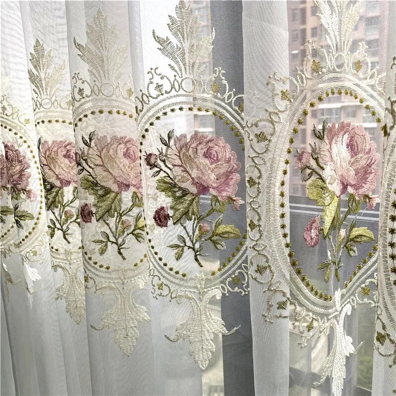 American Luxury Peony Embroidery Tulle Curtains for Living Room European Elegant Flower Embroidery Sheer Voile Bedroom Window