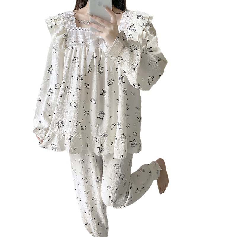 Estilo coreano Chanel estilo pijamas de las mujeres tejido crepe encaje algodón manga larga Otoño e Invierno dulce desgaste del hogar traje