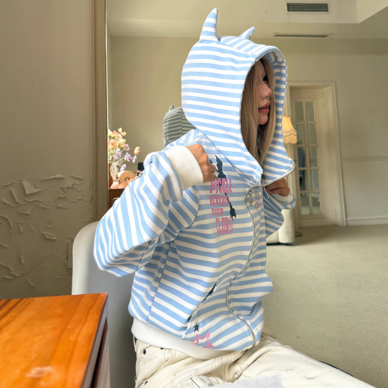 恶魔角印花条纹外套女早秋新款连帽开衫卫衣短款y2k轻亚夹克上衣|undefined