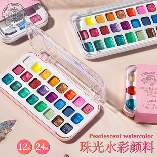 Rubens Solid Pigment Pearlescent Watercolor Pigment Set Art Student Painting 12 Colors 24 Colors Nail Art Pigment Cross-Border