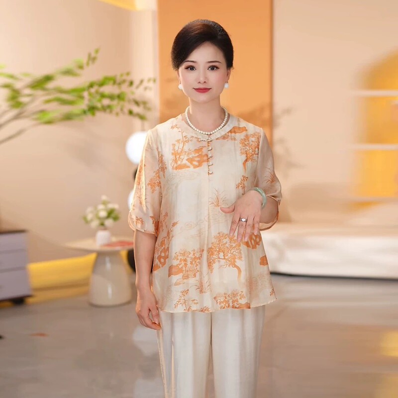 A generation of mother summer five-point sleeve crew neck chiffon jacket 2025 new Chinese T-shirt for middle-aged and elderly women