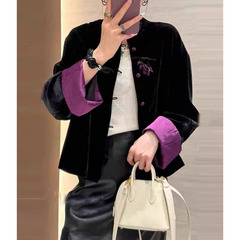 新中式撞色丝绒短外套女欧洲站2025年早秋新款时尚百搭显瘦上衣潮