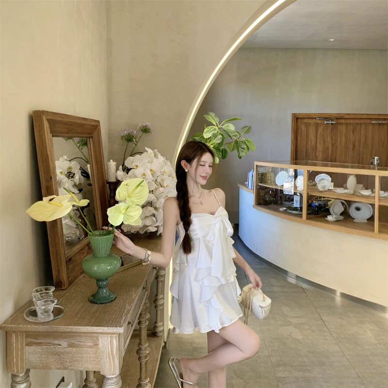 2026 New Style Petite White Moonlight Pure and Sweet Satin Strap Bow Collar Sleeveless Dress for Women